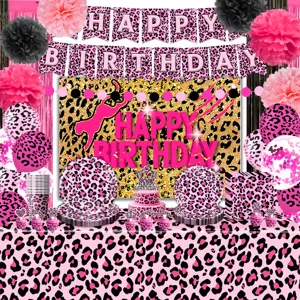 Pink leopard print birthday party decoration set with tableware, banners and balloons.