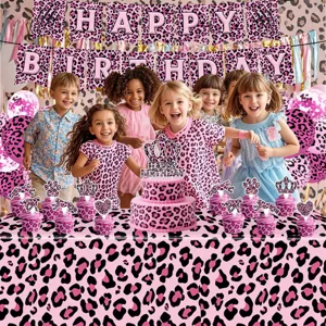 Pink leopard print birthday party supplies set with tablecloth banners and cake toppers for kids.