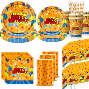 Kinder verjaardag feestje borden bekers servetten tafelkleed set oranje sterren