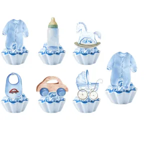 Blue watercolor baby shower cupcake toppers set, perfect for newborn birthday party decor.