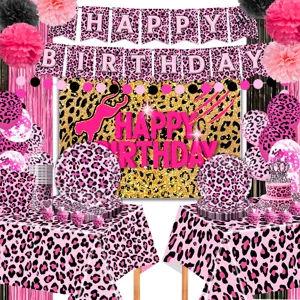 Pink leopard print birthday party supplies set including tableware plates cups and banners detail