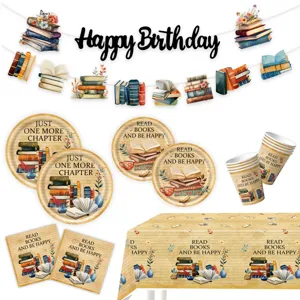 Vintage Buch Thema Partygeschirr-Set Einweg-Pappteller Becher Servietten Tischdecke Banner Für Lese Geburtstag Partyzubehör