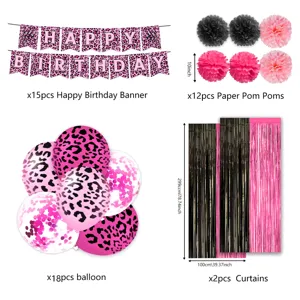 Pink leopard print birthday party decoration set with banner, balloons, and curtains.