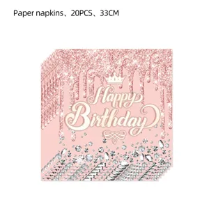 Roségoldener Glitzer Geburtstag Papierservietten Detailansicht mit Diamanten und Krone.
