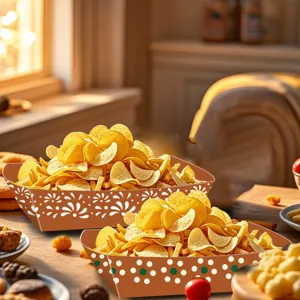 Einweg Papierschalen mit Mustern, ideal für Party-Snacks, Pommes frites und leckere Chips.