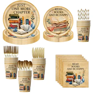 Vintage Buch Thema Party Geschirr Set mit Tellern Bechern Servietten und Besteck