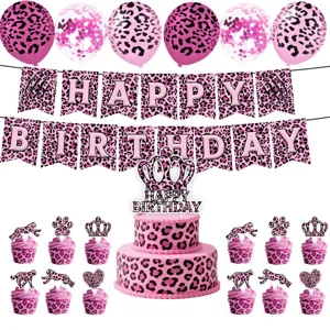 Pink leopard print birthday party decoration set with balloons, banner and cake toppers.