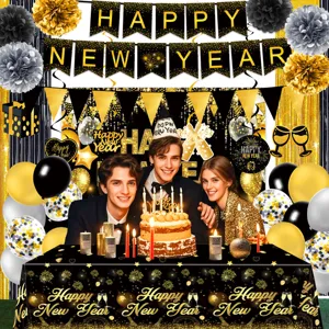 Schwarz-Gold Neujahr Party Deko Set mit Happy New Year Banner, Luftballons und Tischdecke.