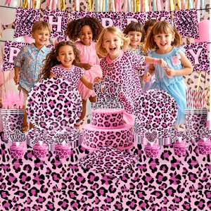 Pink leopard print birthday party tableware and banner detail scene showing festive setup.