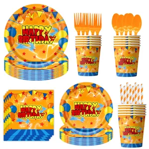 Kinderen verjaardag feest papieren borden kopjes servetten vorken lepels rietjes set.