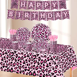 Detailed view of pink leopard print birthday party tableware set, including plates and cups.
