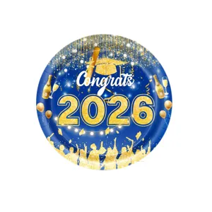Blau und goldene 2026 Abschluss Party Einweg Pappteller, elegante Tischdekoration.