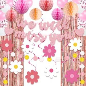 Pink Retirement Party Decorations We Will Miss You Banner Daisy Hanging Swirls Rose Gold Fringe Curtains Honeycomb Balls Balloons