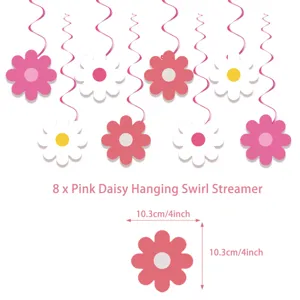 8x pink daisy hanging swirl streamers party decorations 10.3cm floral ceiling decor set