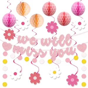 Pink retirement party decorations set with glitter banner honeycomb balls and hanging swirls