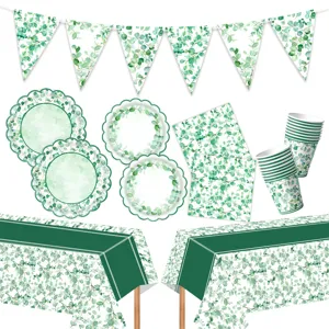 Set di Stoviglie Usa e Getta a Tema Eucalipto e Salvia Piatti di Carta Bicchieri Tovaglioli Tovaglia Festone per Baby Shower Compleanno Matrimonio Battesimo