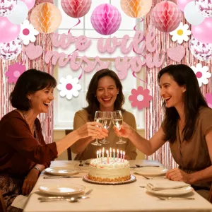 Pink retirement party decoration banner daisy hanging swirls rose gold fringe backdrop set