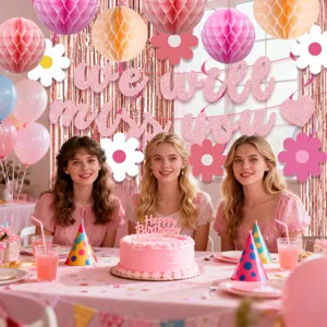Pink retirement party decoration scene featuring glitter banner and honeycomb balls.