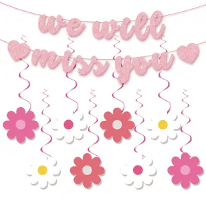 Pink retirement party decoration banner with daisy hanging swirls for celebration events