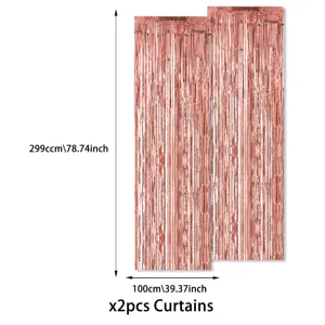 Rose gold foil fringe curtains 2pcs set, perfect for party backdrop and celebration decor.