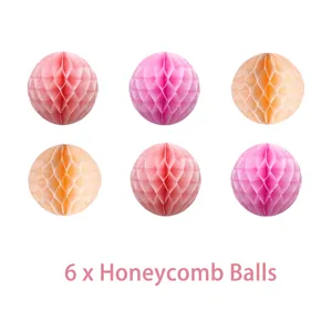 Set of 6 colorful paper honeycomb balls for party decorations and hanging decor displays.