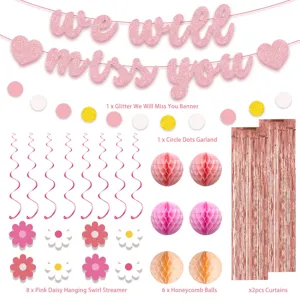 Pink retirement party decoration set with banner, honeycomb balls, and hanging swirls.