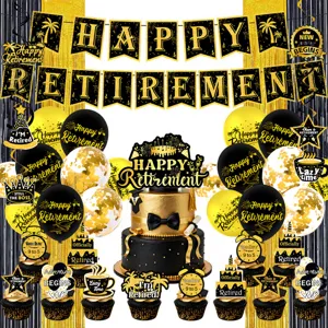 Kit de Decoraciones de Fiesta de Jubilación Oro Negro Happy Retirement Banner Cake Toppers Globos Espirales Suministros Fiesta