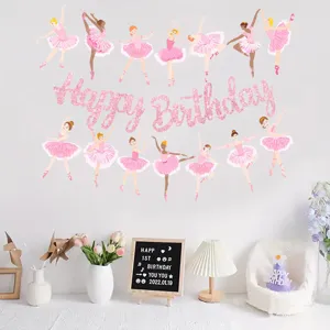 Rosa Ballerina Geburtstag Party Dekoration Banner Set mit Glitzer Buchstaben und Tänzer Ausschnitten.