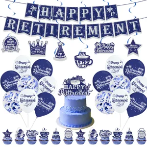 Blue retirement party decorations set with banner balloons cake toppers for celebration.