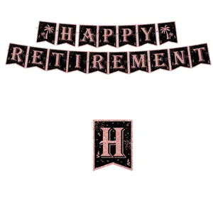 Banner per festa di pensionamento nero e oro rosa con brillantini per decorazioni di festa.