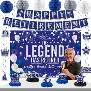 Blue retirement party decoration set with backdrop banner hanging swirls and centerpieces.