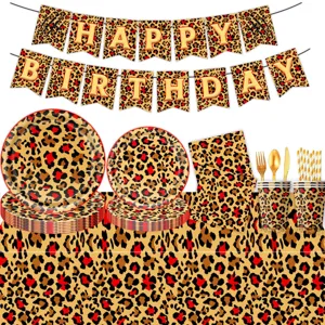 Rotes Leopardenmuster Geburtstag Party Geschirr Set mit Tellern Bechern und Servietten.