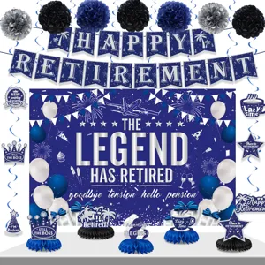 Blue retirement party decoration set with banners hanging swirls and backdrop supplies