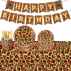 Rotes Leopardenmuster Party Deko Set mit Geburtstag Banner, Pappteller, Bechern und Tischdecke.