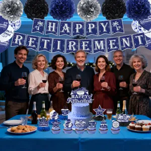 Blue retirement party decorations set with banner balloons cake toppers for celebration