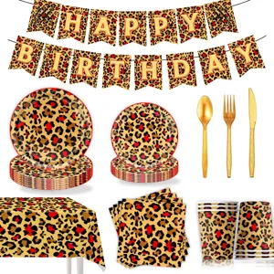 Rotes Leo-Muster Partyzubehör Detail, Pappteller Becher und Geburtstagsbanner Set.