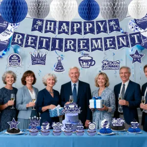 Blue retirement party decorations banner balloons honeycomb balls cake toppers set for celebration
