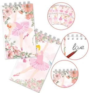 Pink ballet dancer spiral notebook with floral cover design, ideal for daily writing notes.
