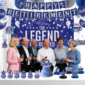 Blue retirement party decorations set with backdrop banners cake toppers for celebration.