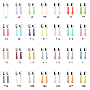 Stainless steel baby fork and spoon set with colorful silicone handles, Y1-Y28 color options.