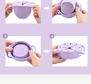 Silicone folding snack cup detail showing portable baby bowl design with handles and lid.