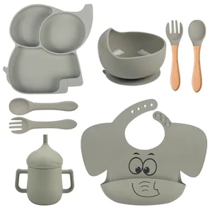 Set repas bebe silicone assiette bol cuillere fourchette tasse bavoir bebe elephant.