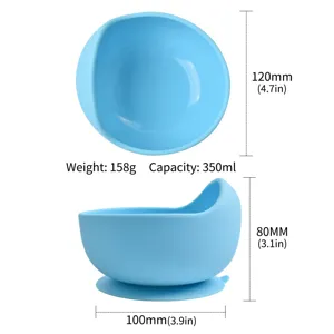 Dettaglio della ciotola a ventosa in silicone per neonati con dimensioni, capacità 350ml e peso 158g.