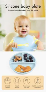 Silicone baby plate detail shot, divided design with strong suction base, food grade safe.