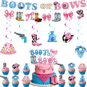 Boots oder Bows Babyparty Deko Set mit Banner, hängenden Spiralen und Kuchenaufsätzen.
