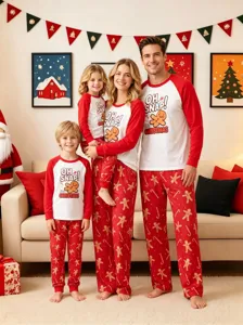 Cozy Christmas family matching pajama set long sleeve gingerbread print holiday sleepwear.