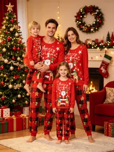 Family matching Christmas pajamas set long sleeve red top plaid pants holiday sleepwear
