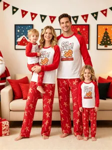 Family Christmas matching pajamas set, red and white long sleeve top with cute print.