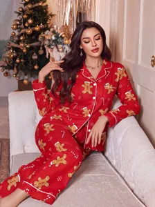 Elegante Set Pigiama Donna Natale Stampa Omino Pan di Zenzero Maniche Lunghe Ideale