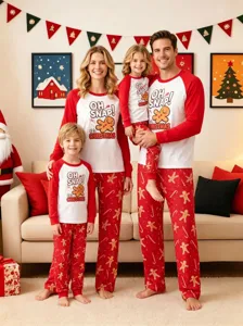 Cozy family Christmas pajamas featuring cute gingerbread man print and festive red white design.